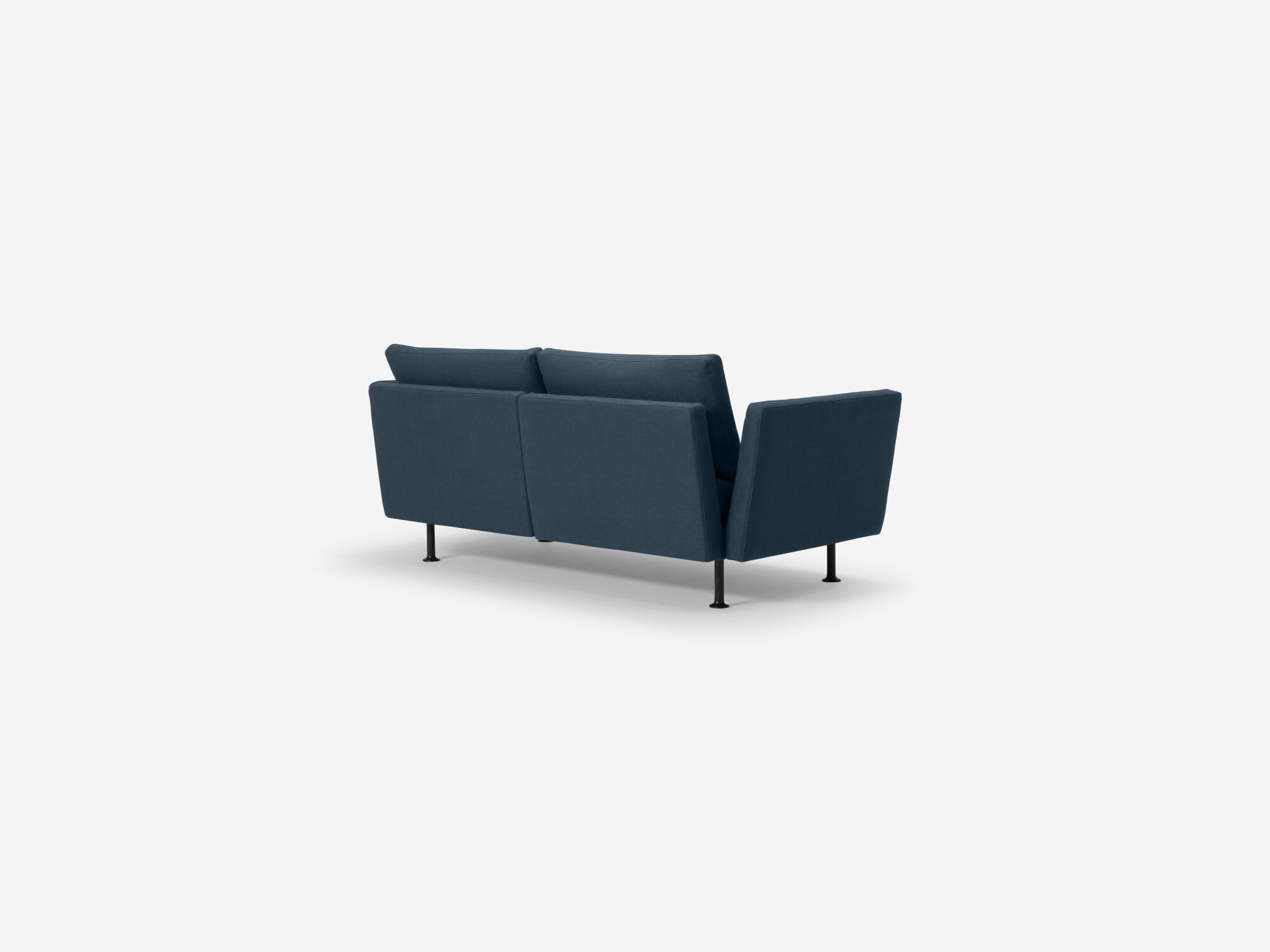 Back angle view of blue modern loveseat